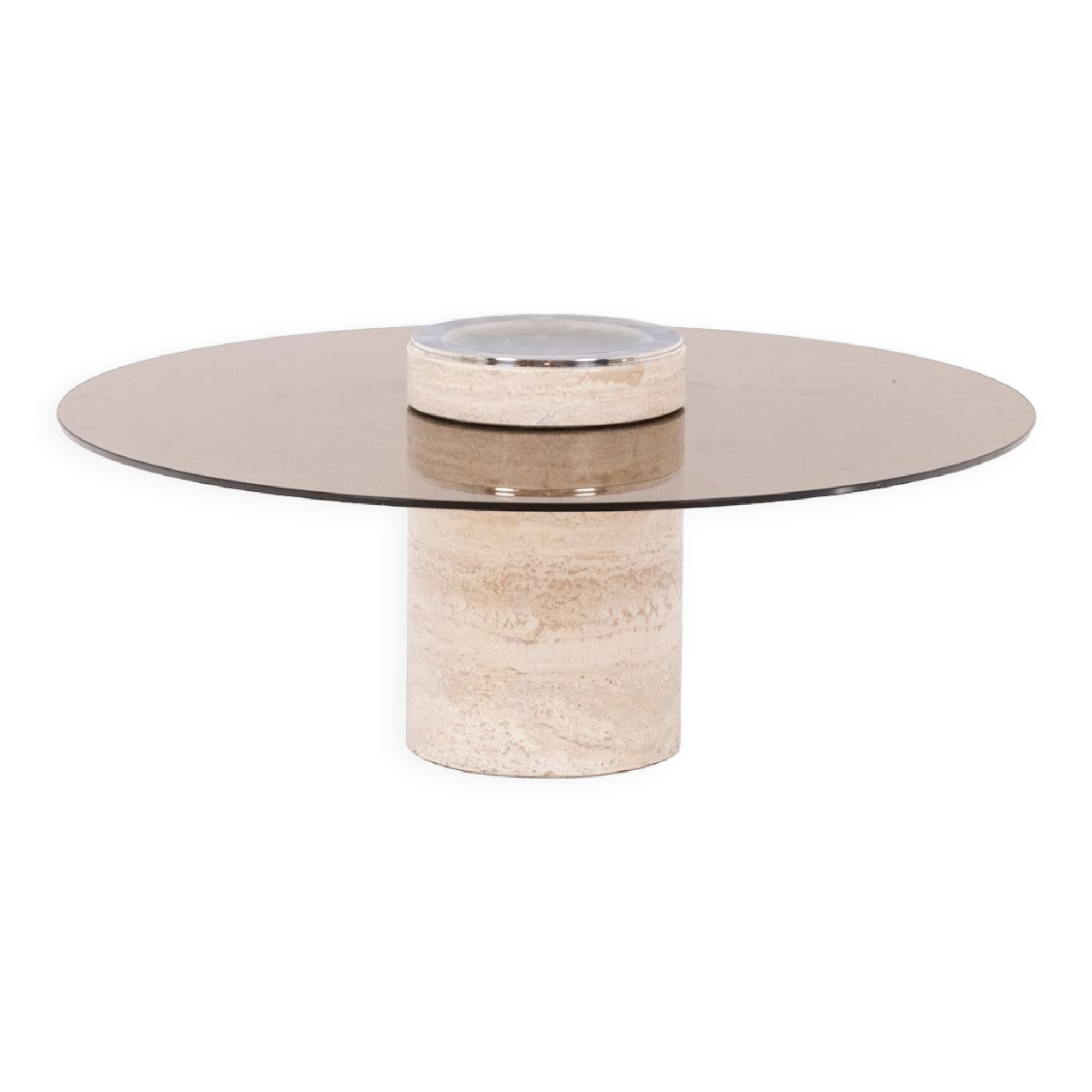Coffee table in travertine and smoked glass, 1970s