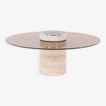 Coffee table in travertine and smoked glass, 1970s