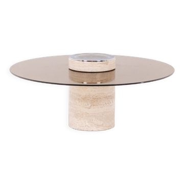 Coffee table in travertine and smoked glass, 1970s