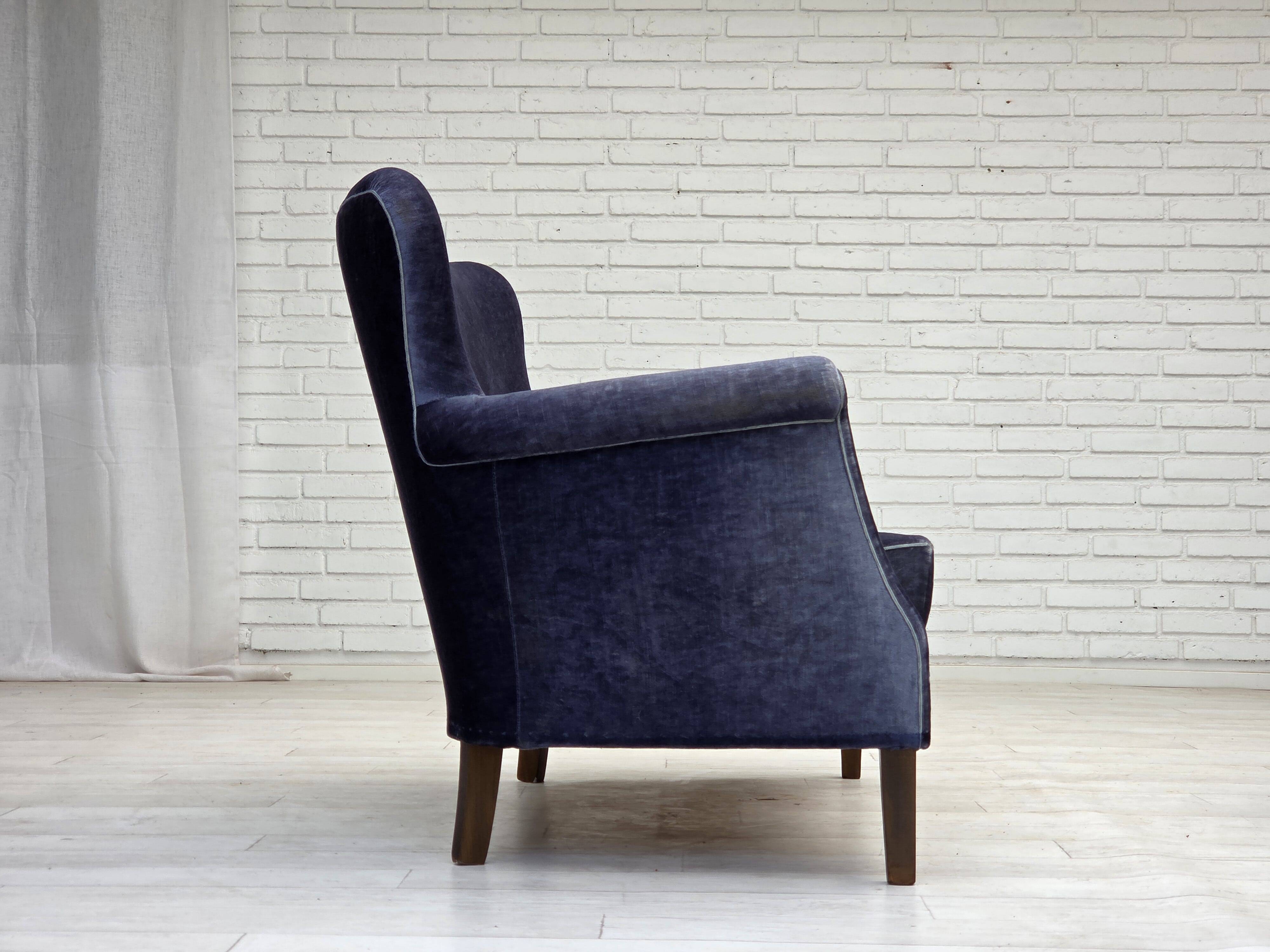 1960s, Danish 2-seater sofa, original blue furniture velour, beech wood.