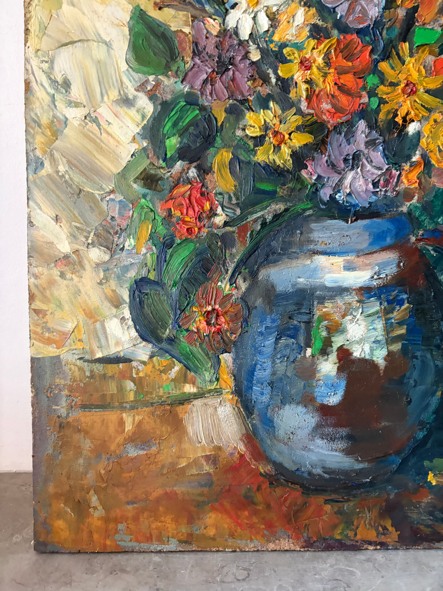 Still life, bouquet, oil with a knife on panel, signed.