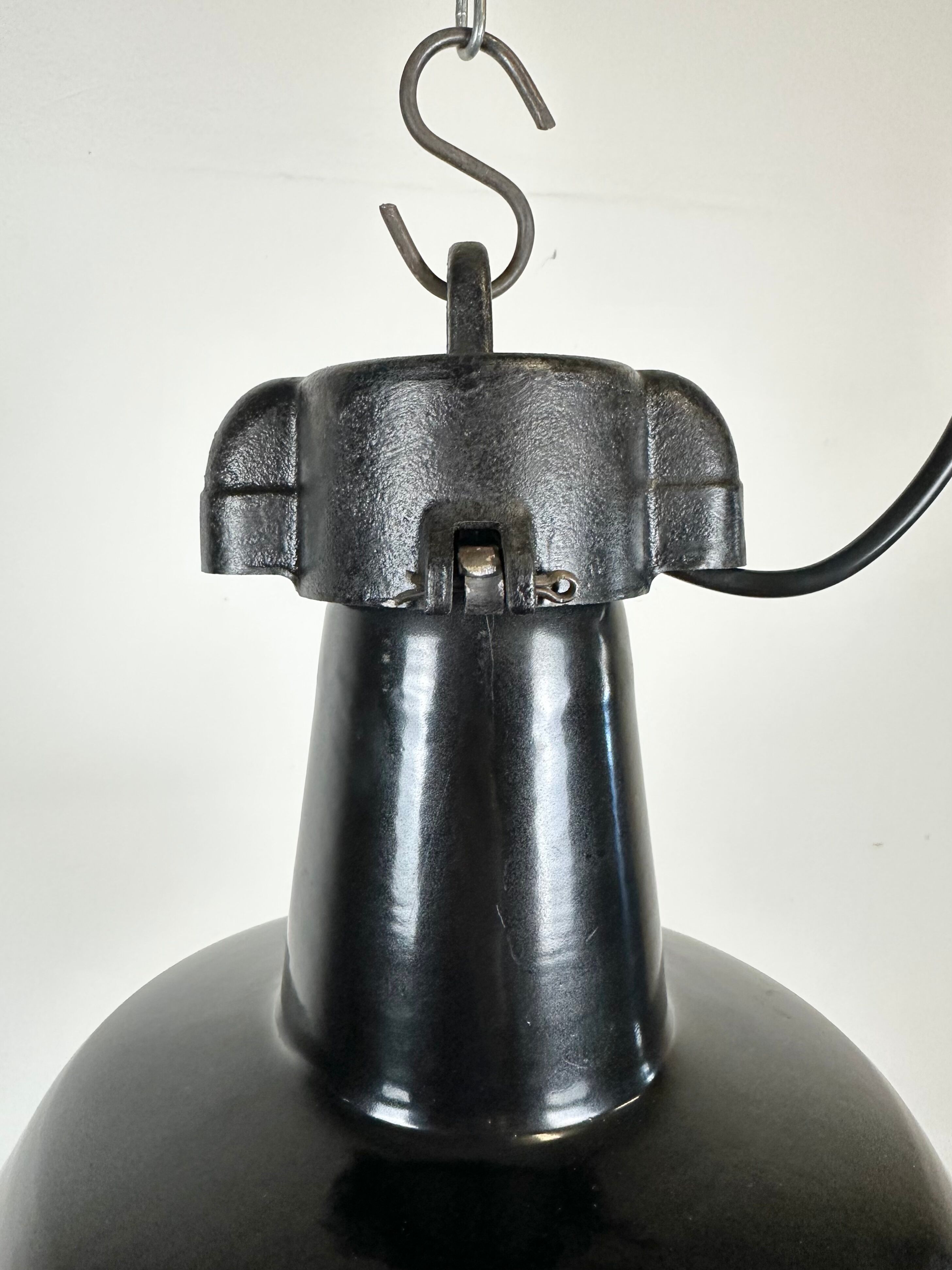Industrial Black Enamel Factory Lamp with Cast Iron Top, 1960s