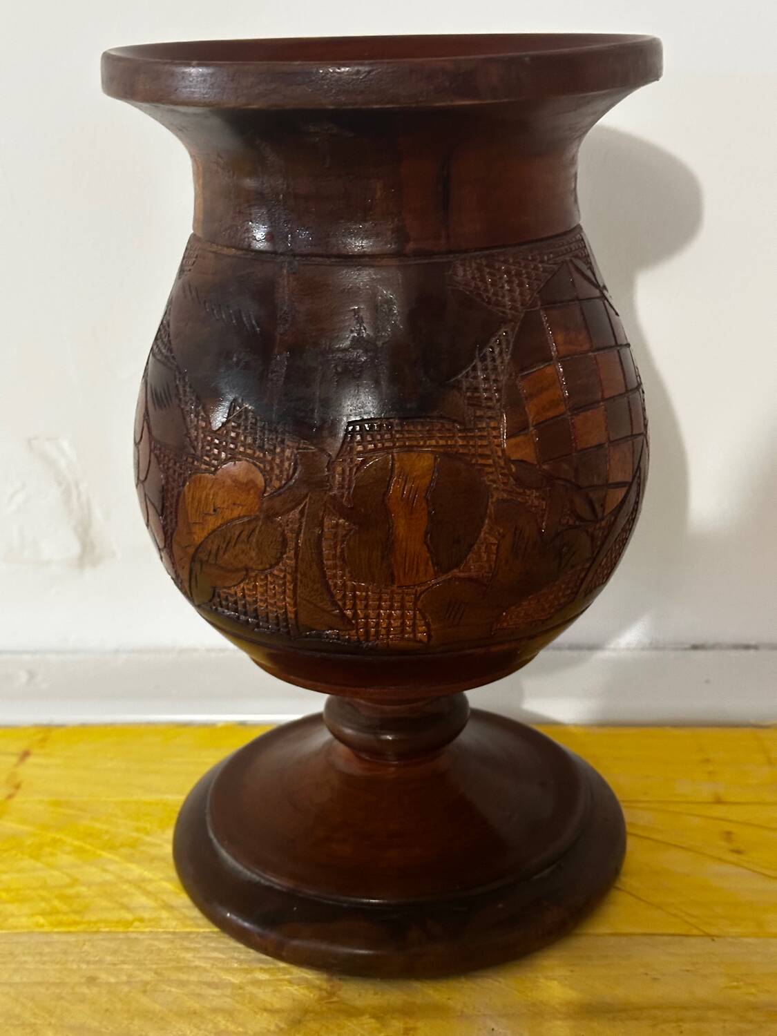 Vintage Turned and Carved Wooden Vase - Vine Decor H 28 cm