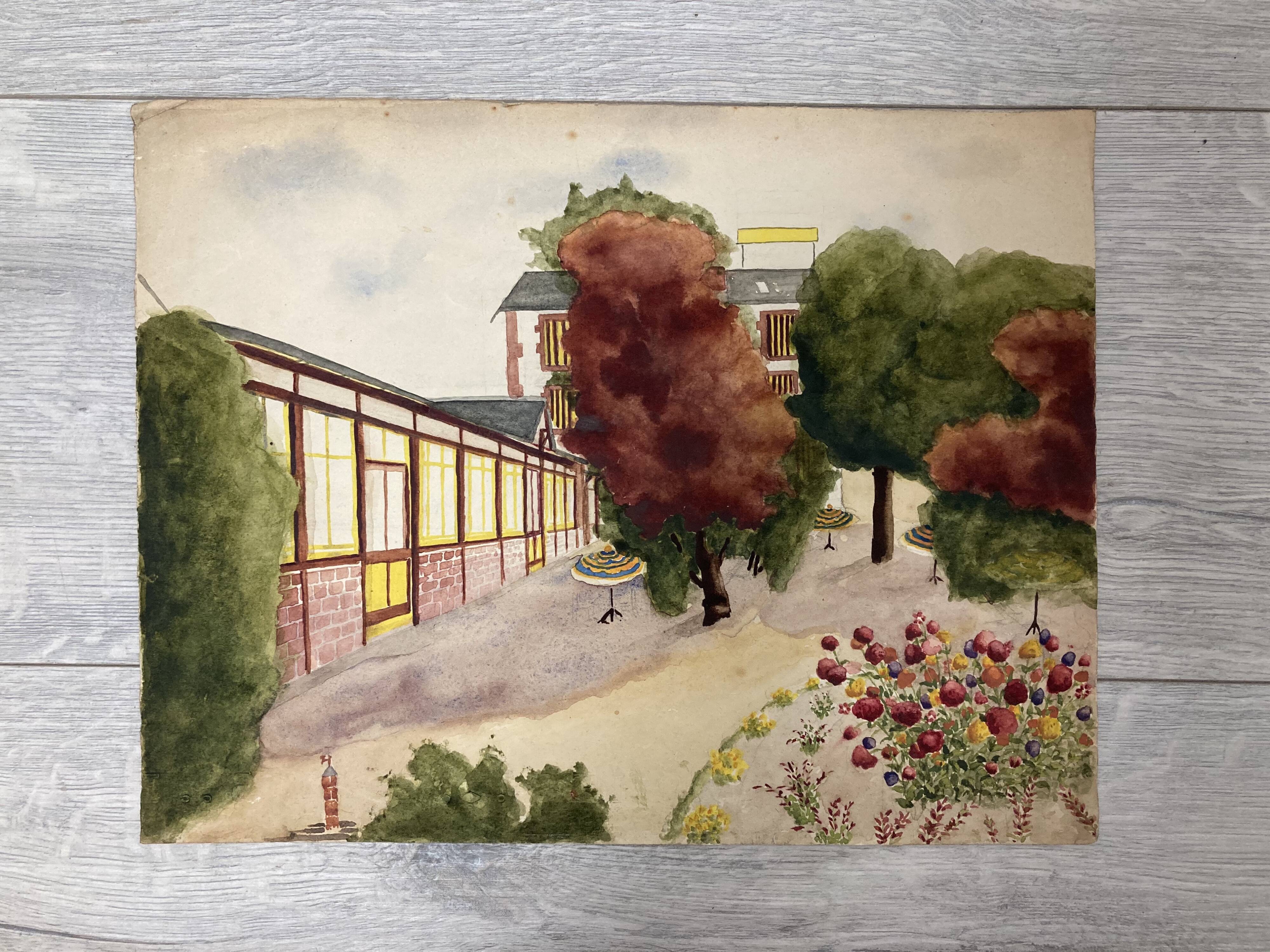 Watercolor landscape with parasols