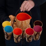 Orangeade service pitcher and 6 ceramic glasses faux wood and wrought iron Vallauris year 50/60