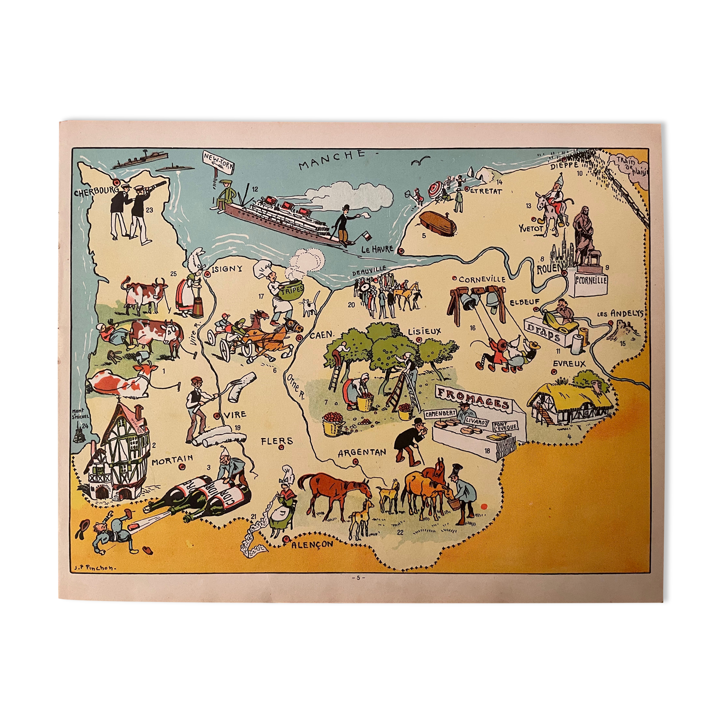 Affiche ancienne carte illustrée de la normandie - jp pinchon