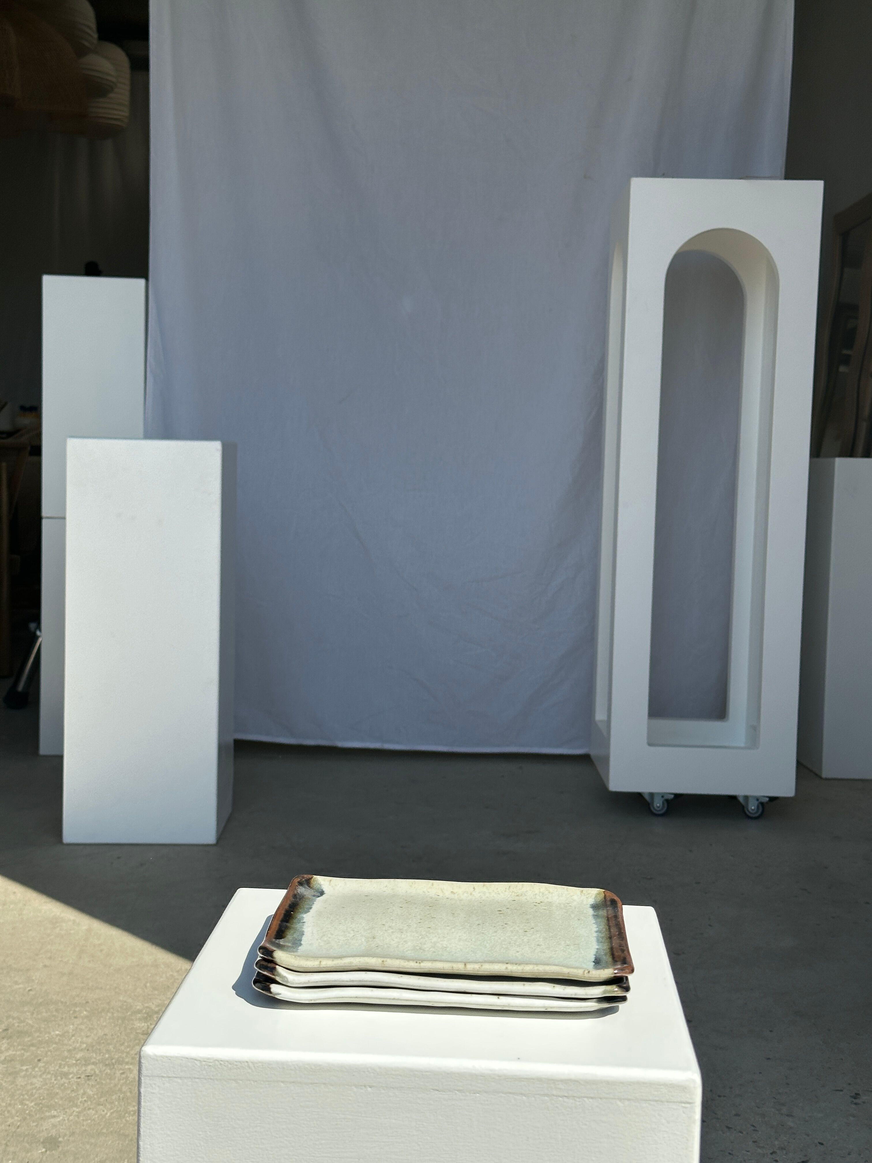 Trio of small rectangular serving dishes white and black Indonesian ceramic 21x16