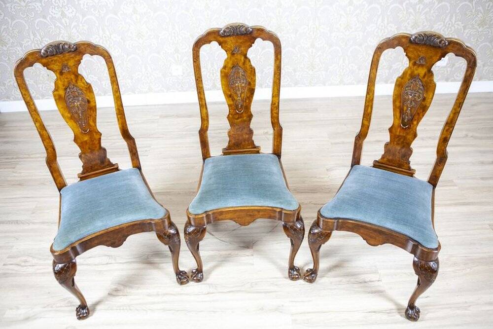 Vintage English Walnut Chairs, 1920s, Set of 3