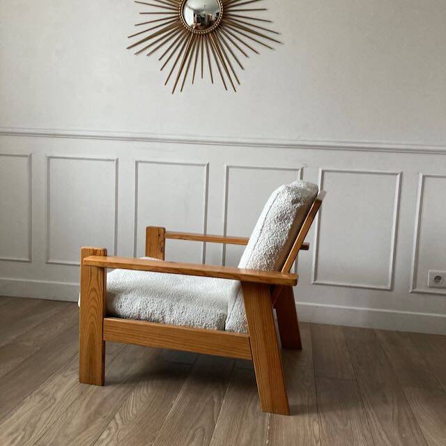 80s pine and boucle armchair