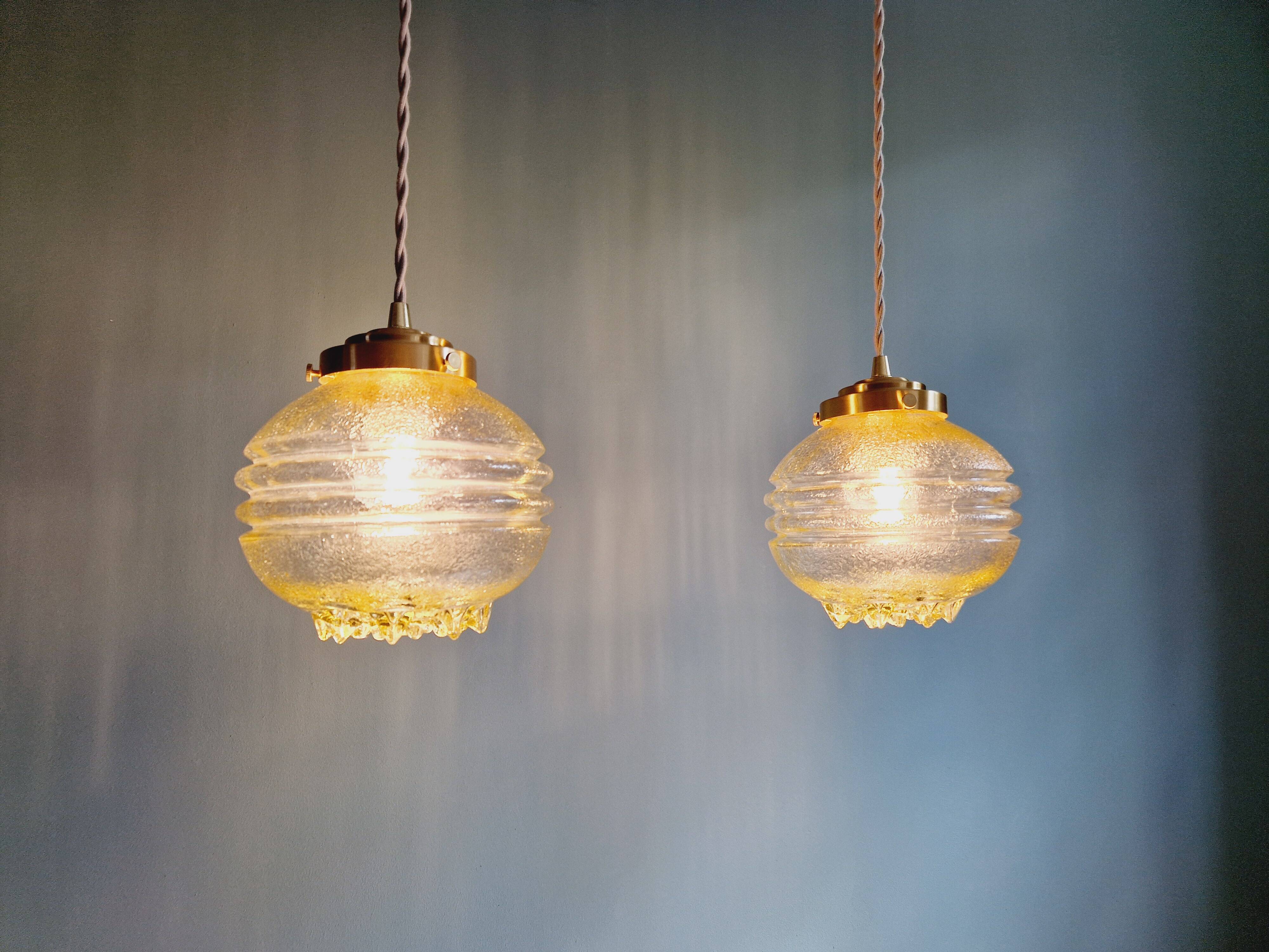 Pair of Space Age Pendant Lights in Yellow Clear Glass, 1960s-70s