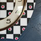 Vintage silent asymmetrical wall pendulum clock "Black and white checkered flowers"