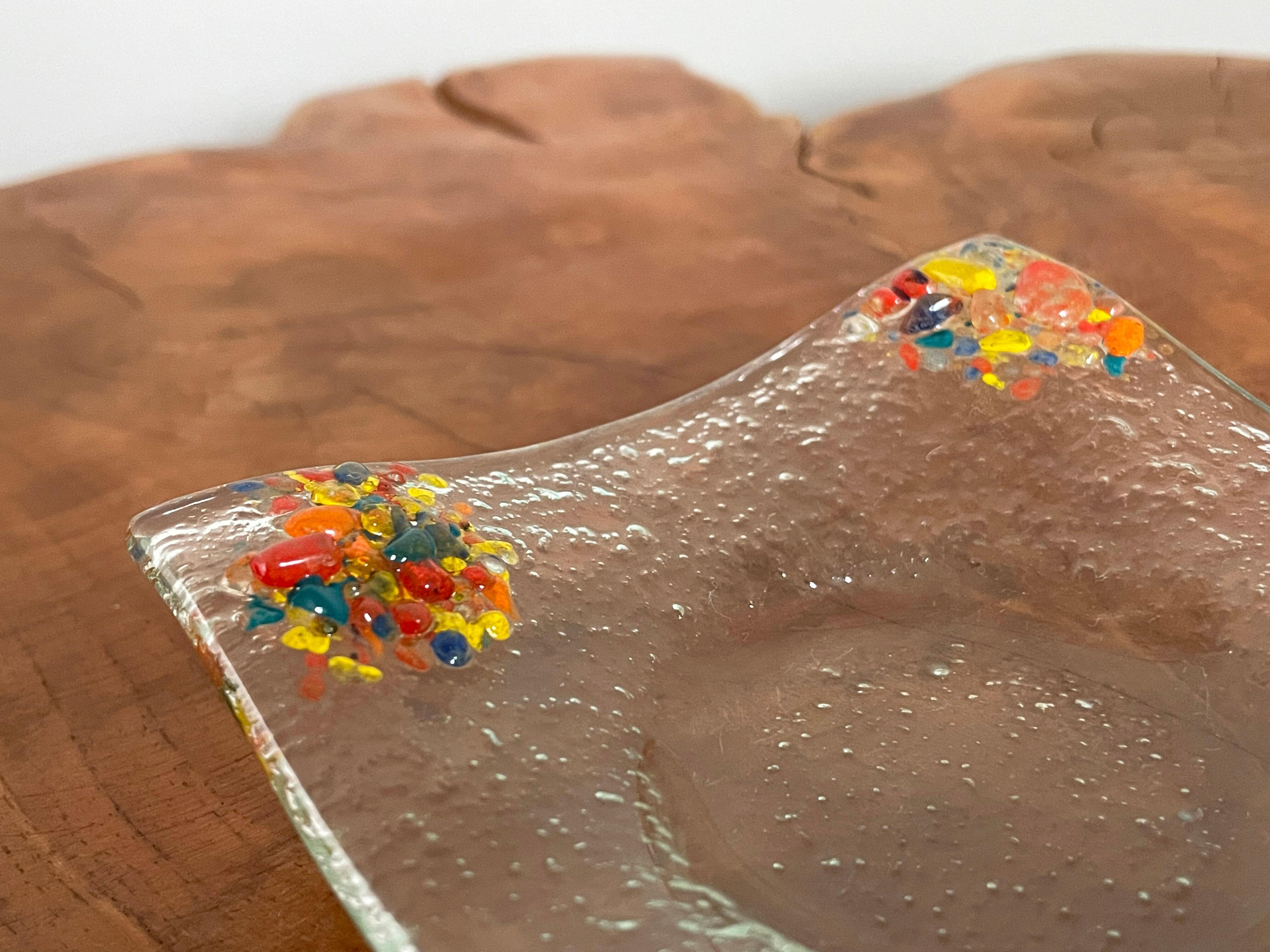 Art glass tea light holders or plates, fused glass with bright rainbow colours