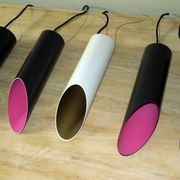 Set of 5 multicoloured Raak cylindrical pendant lights, 1970s