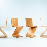4 Zig Zag Ashwood Modernist Chairs after design Gerrit Rietveld, De Stijl 1930's