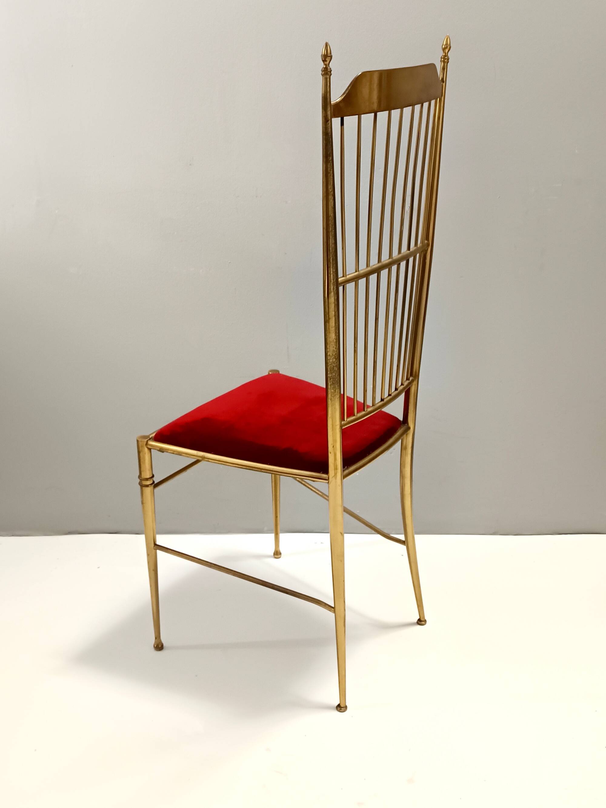 Pair of Vintage Brass and Red Velvet Chiavarine Chairs, Italy
