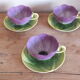 3 purple cups, porcelain flowers Geneviève Lethu