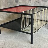 Metal modernist coffee table with scoubidou magazine racks design 1950