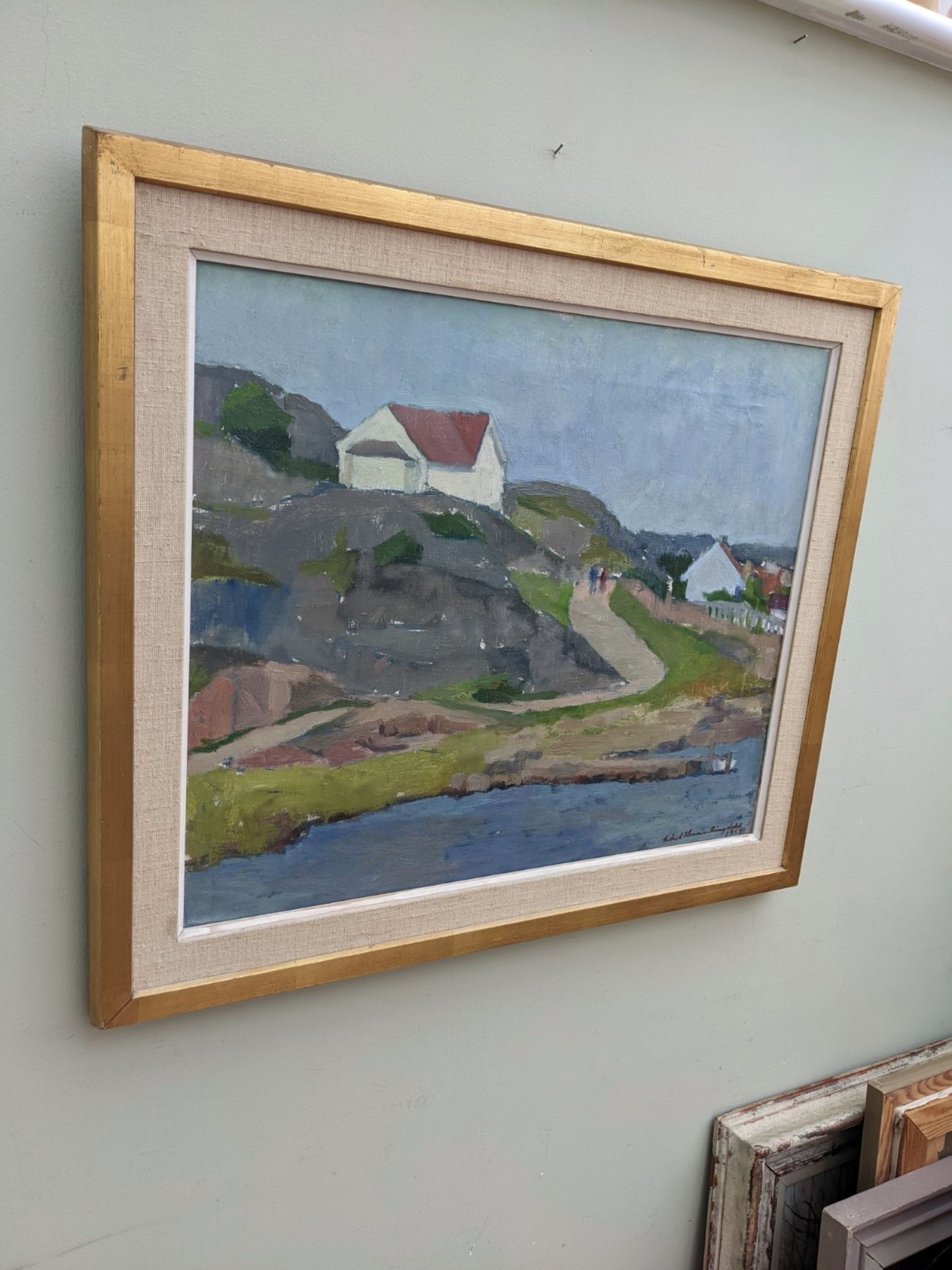 1954 Mid Century Modern Landscape Oil Painting 'Walking the Archipelago', Framed