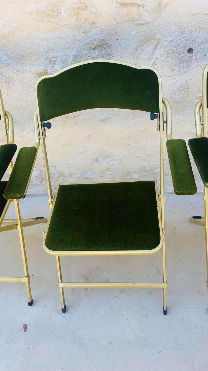 Lot de 3 chaises pliables Chaisor en velours vert et piétement or de 1996