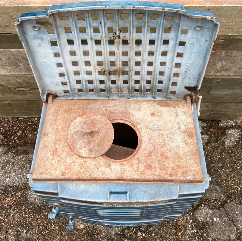 Antique wood pole signed chapée cast iron enamel blue retro design