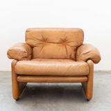 Pair of armchairs with cognac-colored pouf, "Coronado" model by Afra & Tobia scarpa for B&B It