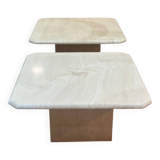 Pair of square nesting coffee tables in white beige travertine marble
