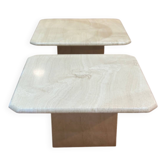 Pair of square nesting coffee tables in white beige travertine marble