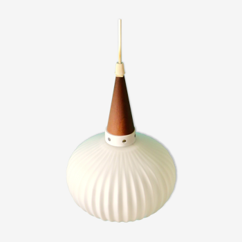 Suspension in opaline and teak by Louis Kalff for Philips, Holland 1960