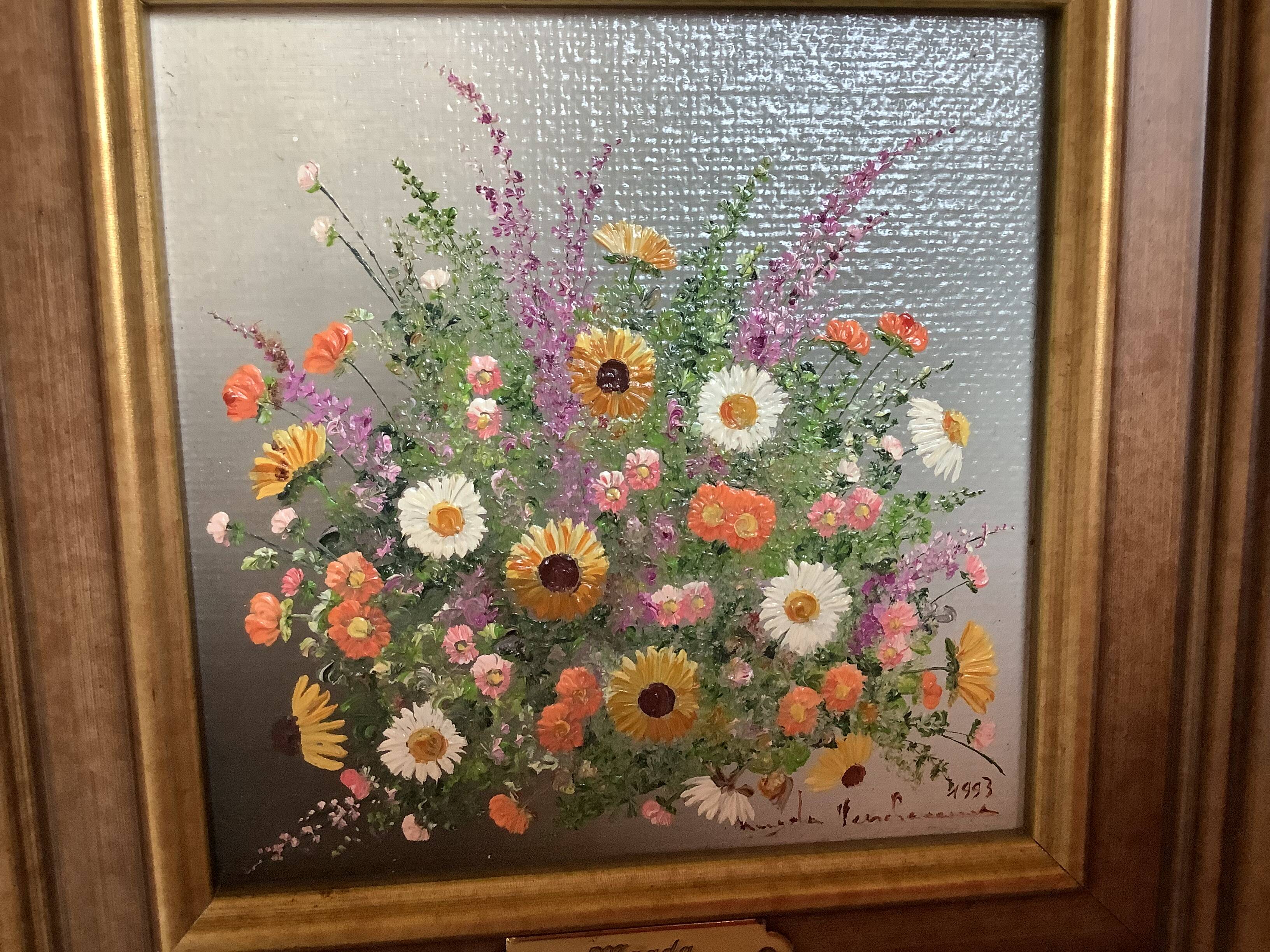 Peinture à l'huile sur isorel "Fleurs" de Magda Verschaeve