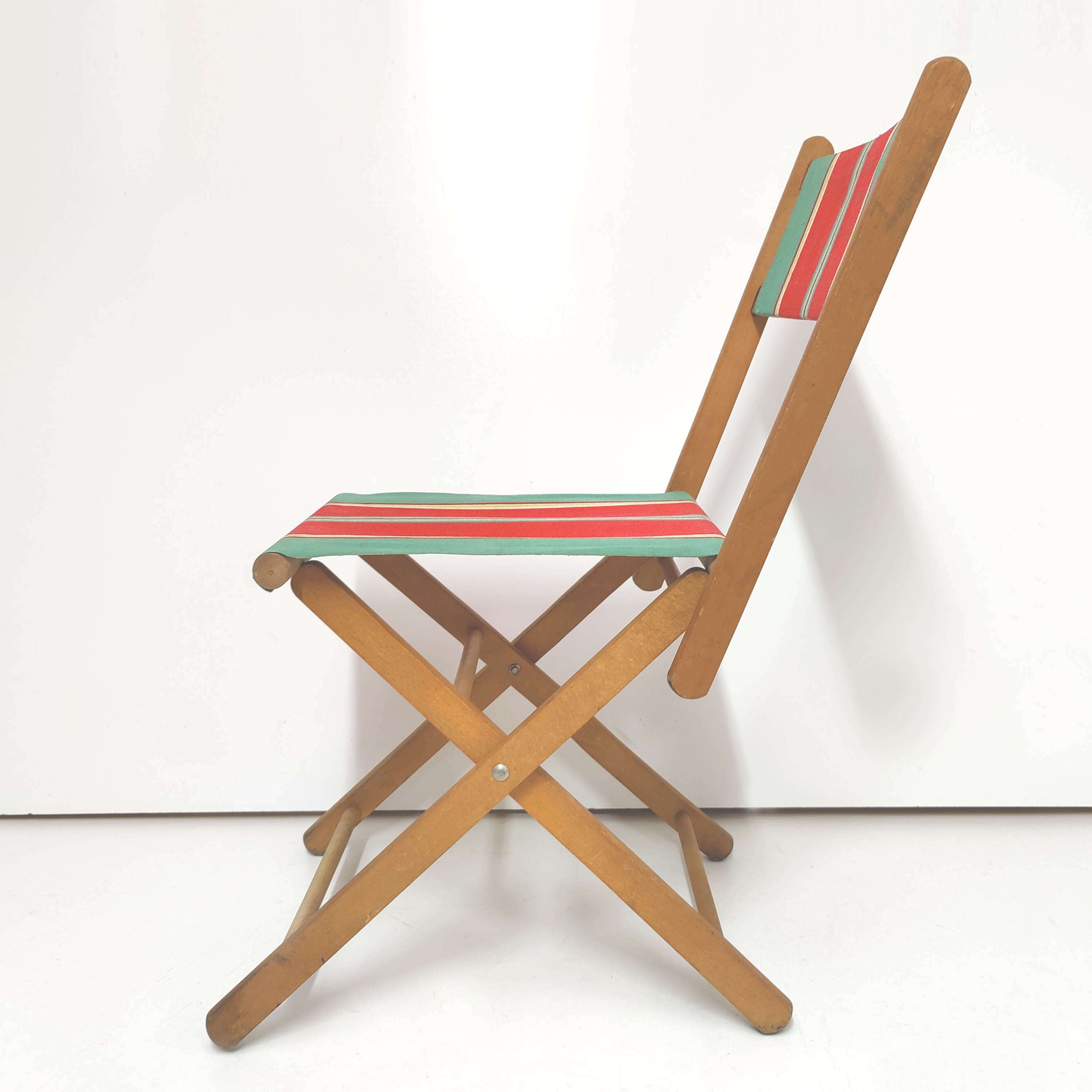 Folding chair seaside 50s wood and canvas bayadère