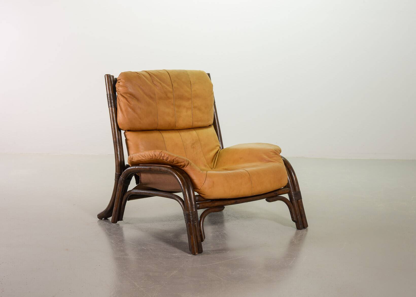 Brutalist Bentwood Bamboo Lounge Chair with Caramel Leather Upholstery, 60s