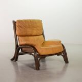 Brutalist Bentwood Bamboo Lounge Chair with Caramel Leather Upholstery, 60s