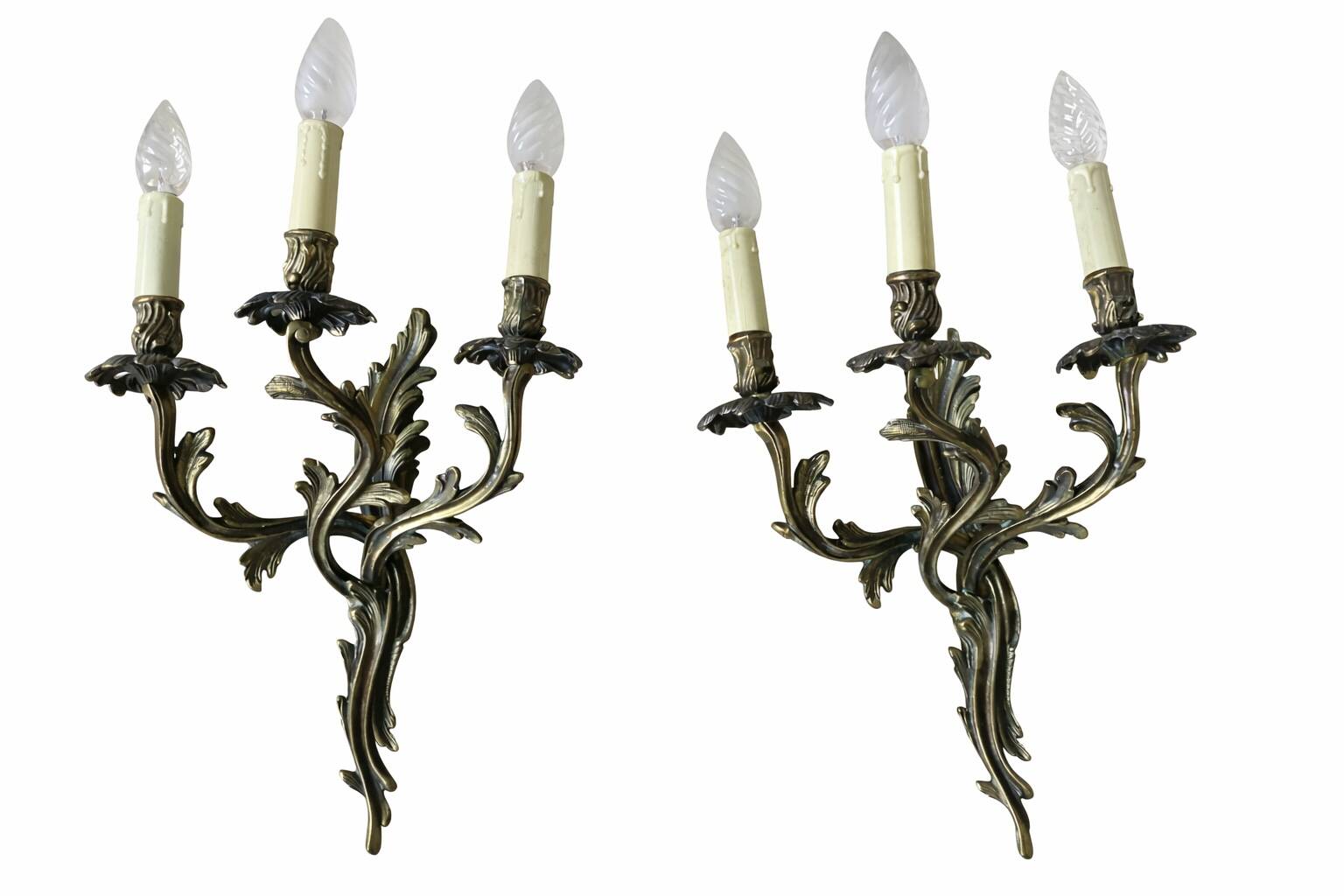Pair of 3-Arm Wall Sconces – Louis XV / Rococo Style – Gilded Metal