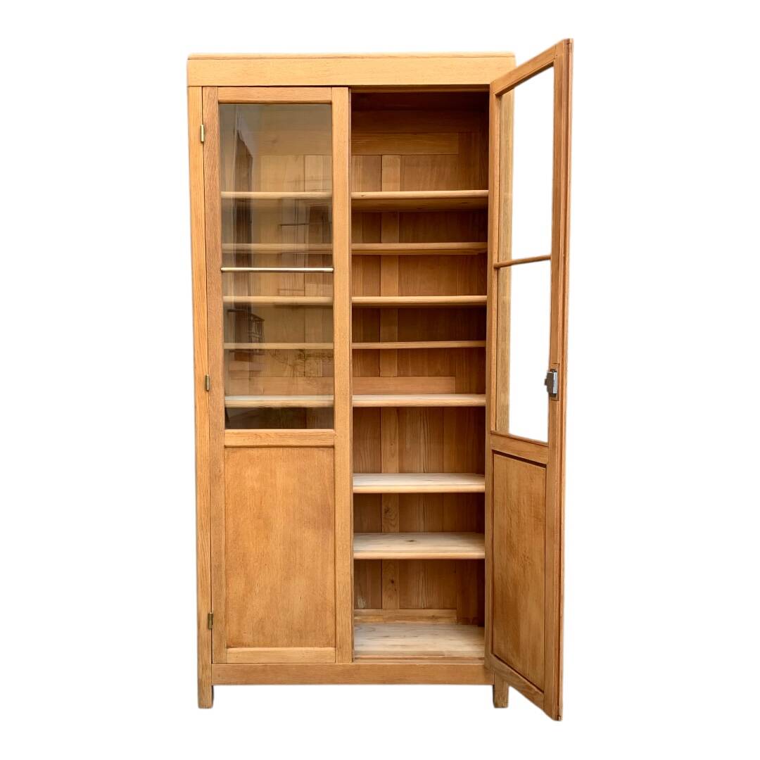 Parisian glass cabinet in solid raw oak, 1950