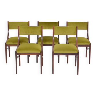 Ensemble de cinq chaises de salle à manger rembourrées vertes modernes du milieu du siècle par Ico Parisi