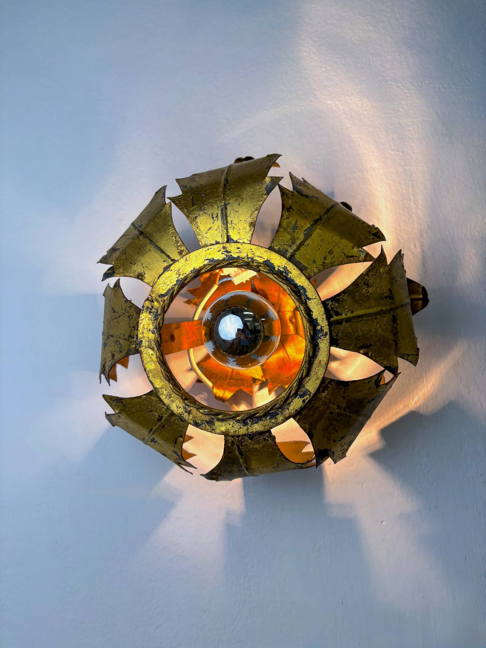 Spanish sunburst ceiling light fixture or sconce in gilt iron, 1970s