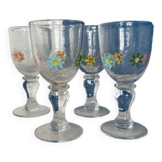 4 verres à pied vintage en verre bullé transparent avec motif fleurs