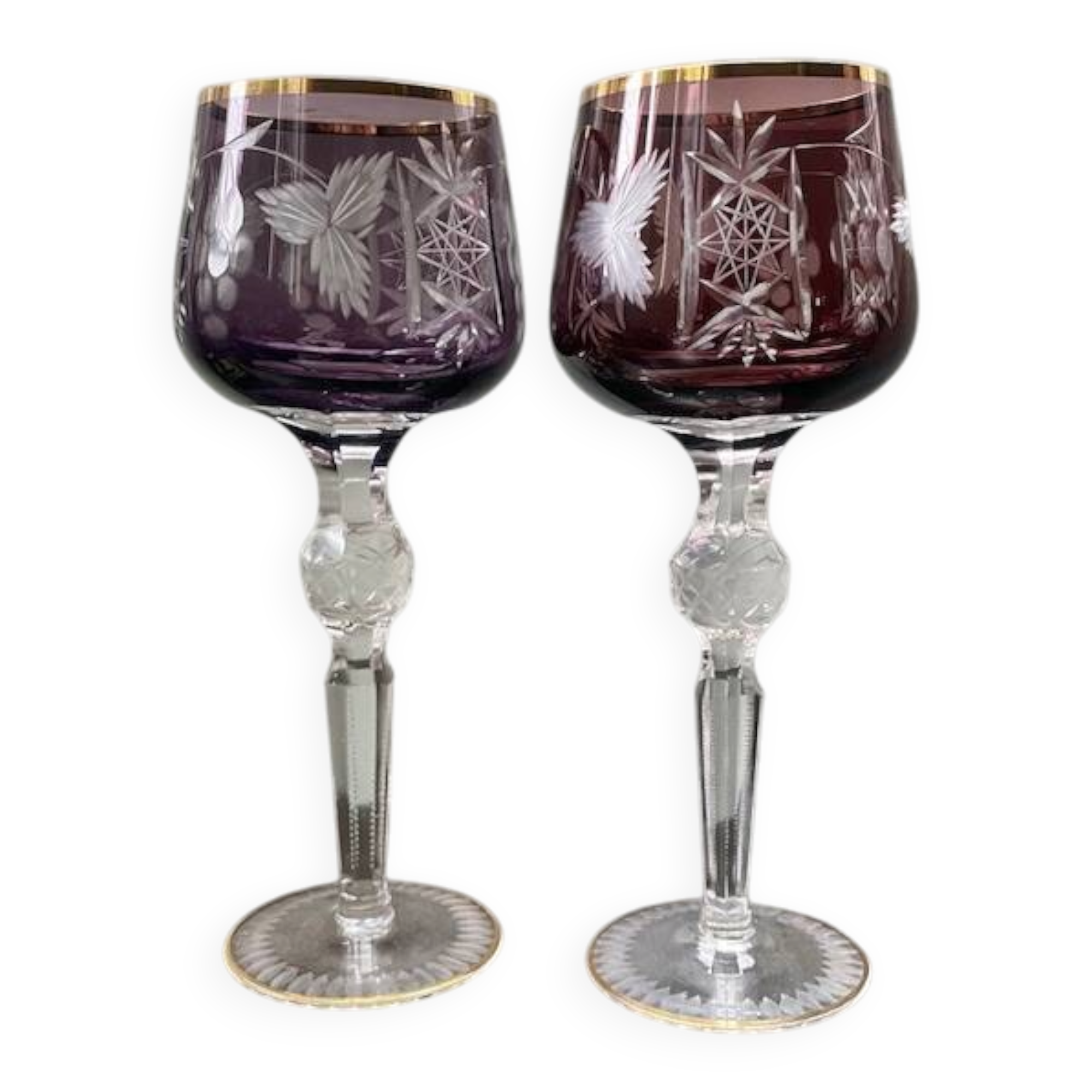 2 large cut and coloured Bohemian crystal glasses