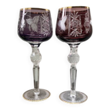 2 large cut and coloured Bohemian crystal glasses