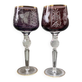 2 large cut and coloured Bohemian crystal glasses