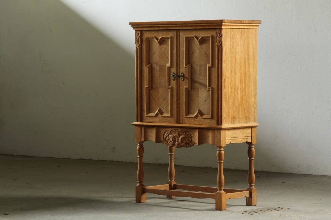Vintage Danish Chevron Oak Cabinet, Henning Kjærnulf Baroque style, 1960s