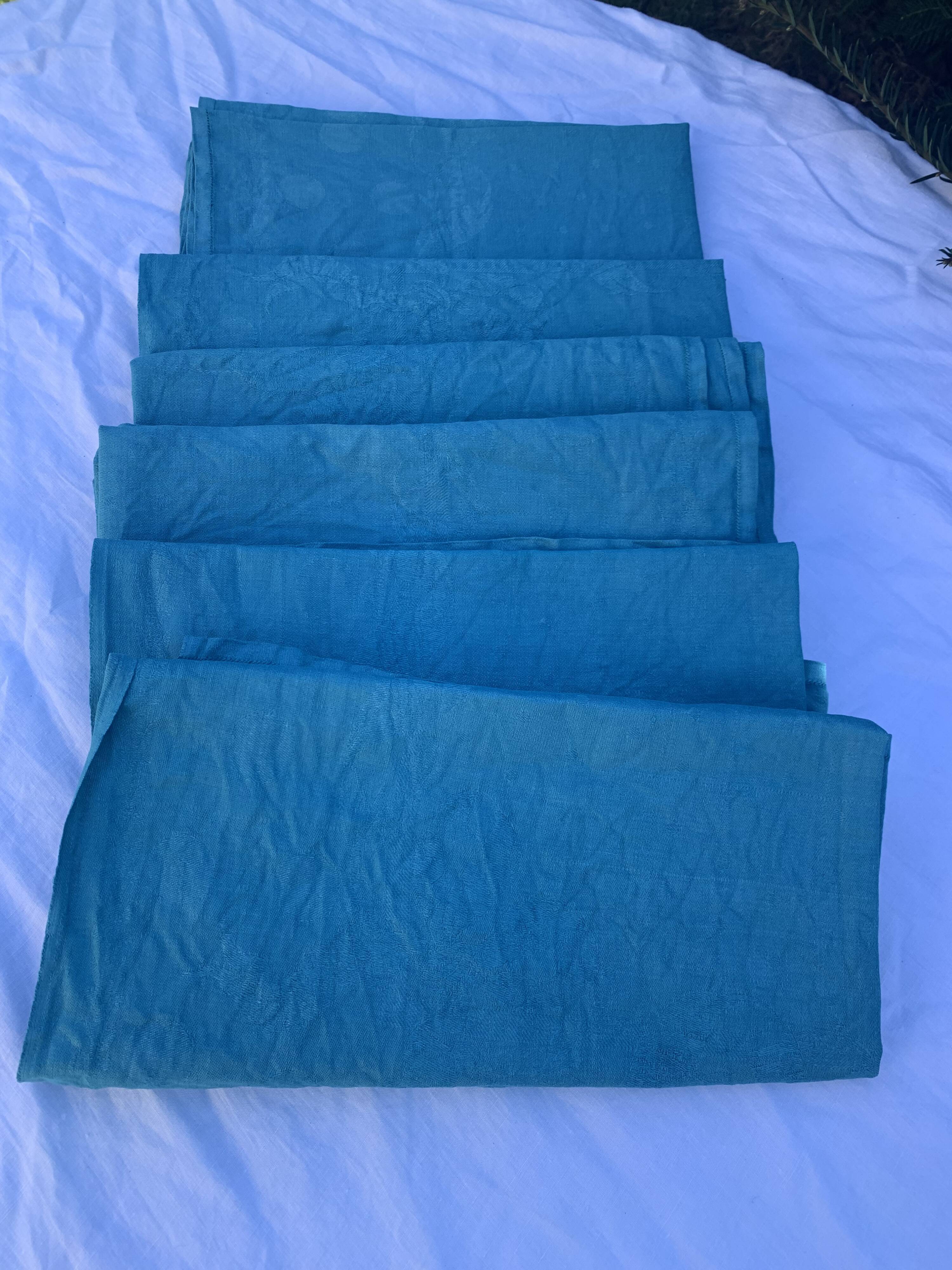 6 serviettes en coton damassées teintées bleues émeraude