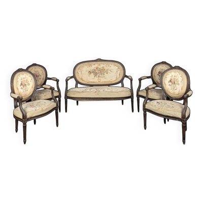 Salon Louis XVI en tapisserie d'Aubusson canapé deux fauteuils deux chaises