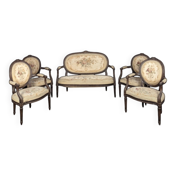 Salon Louis XVI en tapisserie d'Aubusson canapé deux fauteuils deux chaises