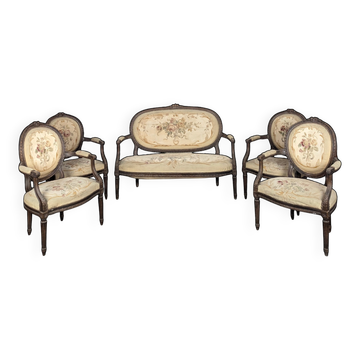 Salon Louis XVI en tapisserie d'Aubusson canapé deux fauteuils deux chaises