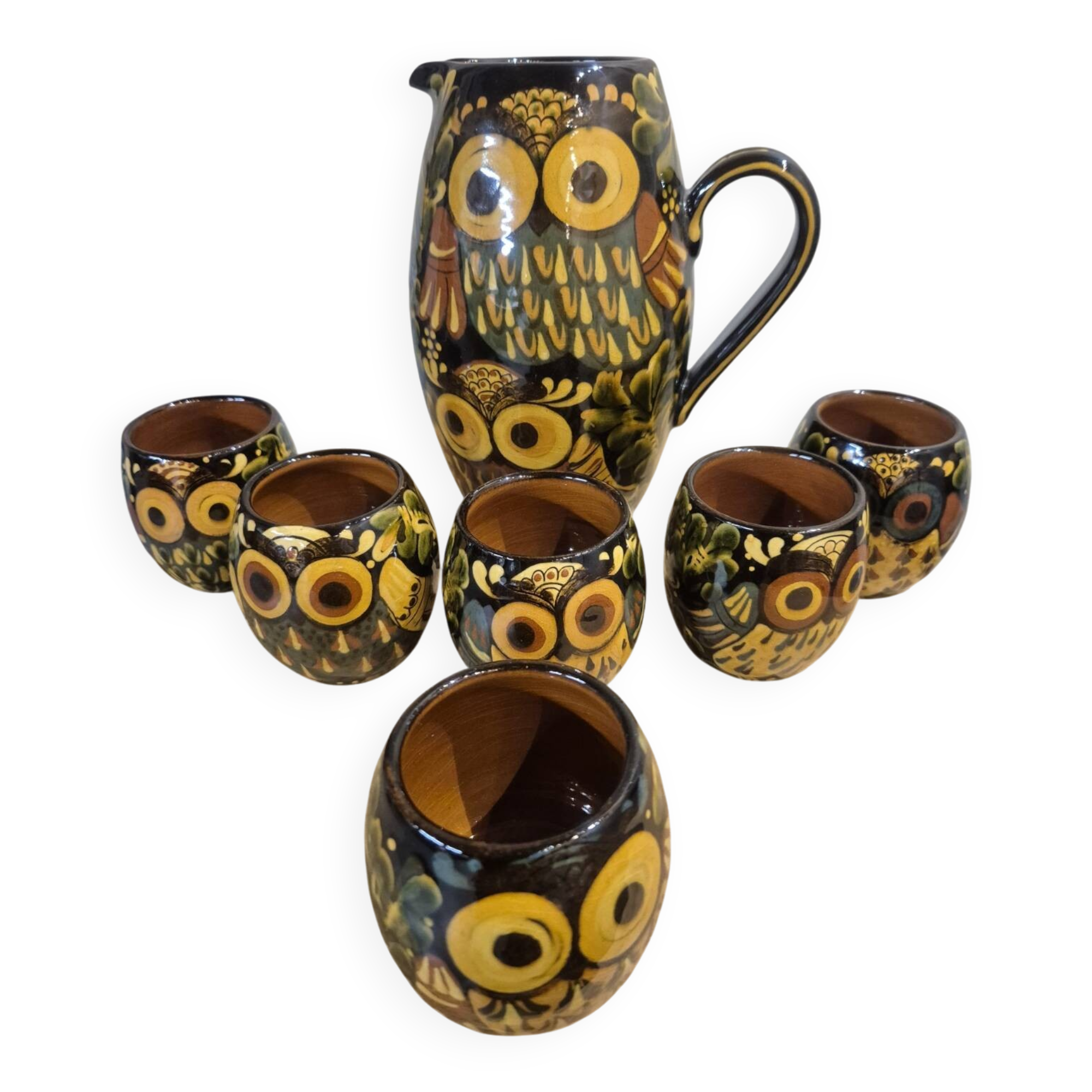 Vintage ceramic owl service signed Reber, 1960