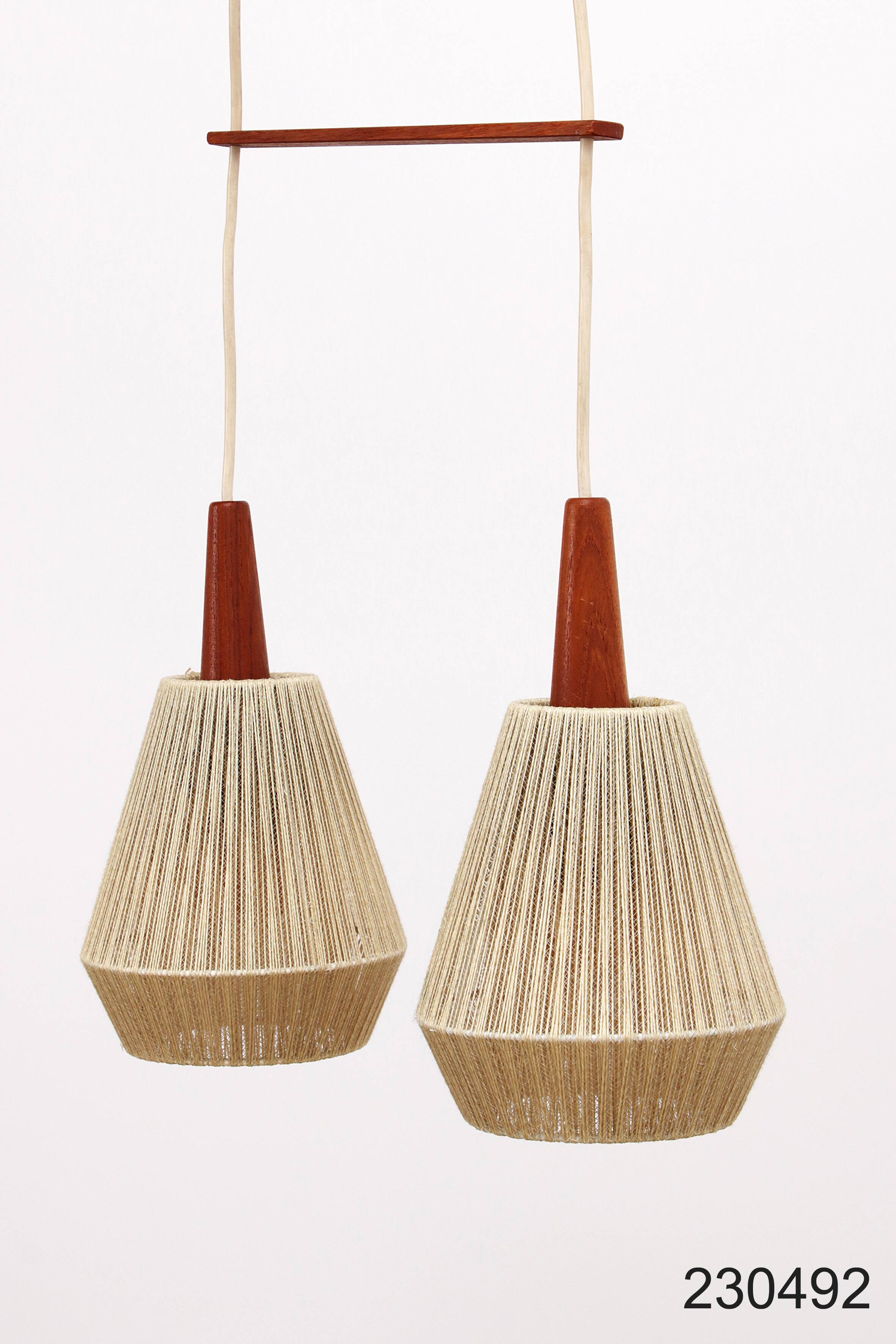Vintage hanging lamp with two shades and teak, 1960s Sweden