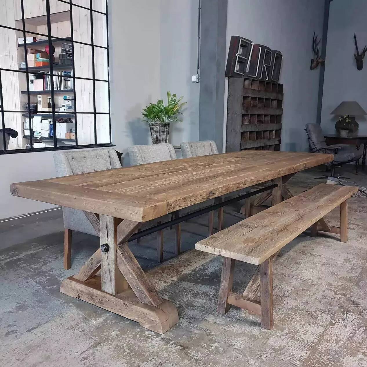 Antique solid oak table with farmhouse style star legs - length