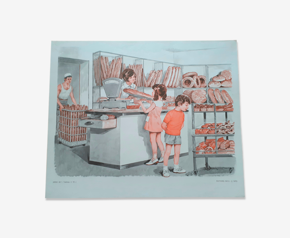 Affiche pédagogique boulangerie, coiffeur 1970