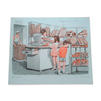 Affiche pédagogique boulangerie, coiffeur 1970